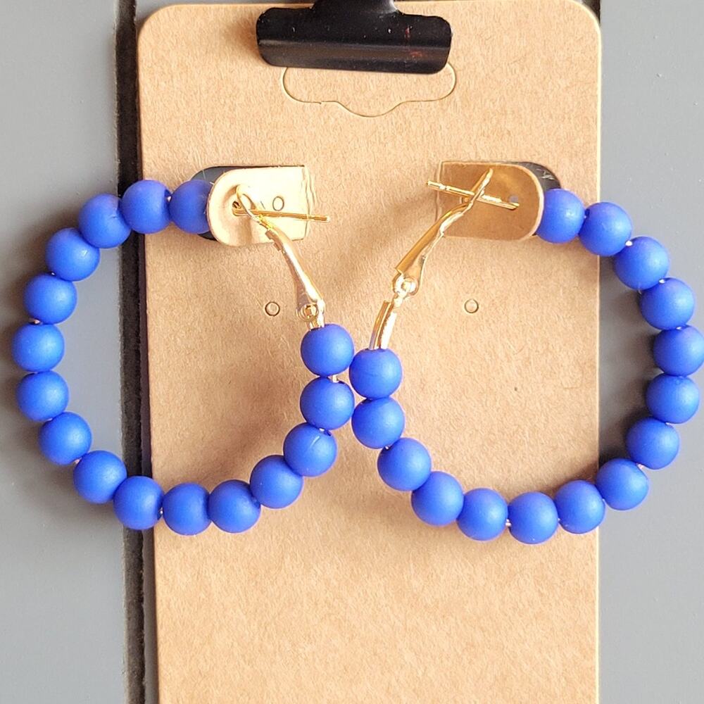 Royal Blue Beaded Hoop Earrings Gold Tone Latch Back 1.5" NWT Boho Statement
